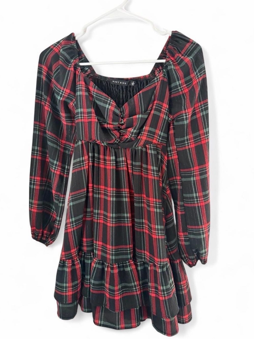 Red Plaid Peasant Mini Dress